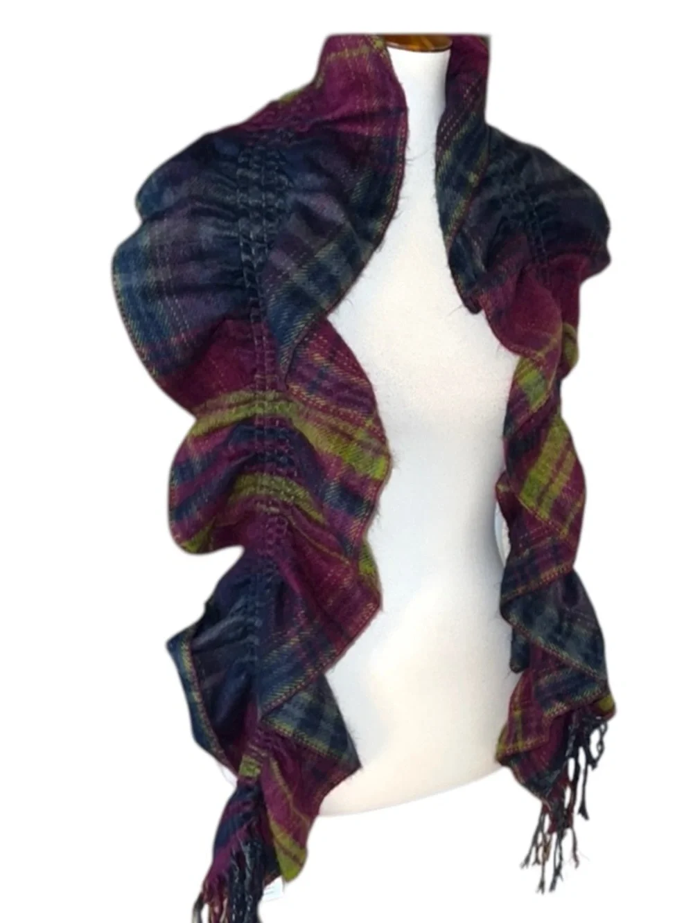 Statement Ruched Ruffle Scarf Wrap Plaid Boho Shawl Fringe Purple Green Blue